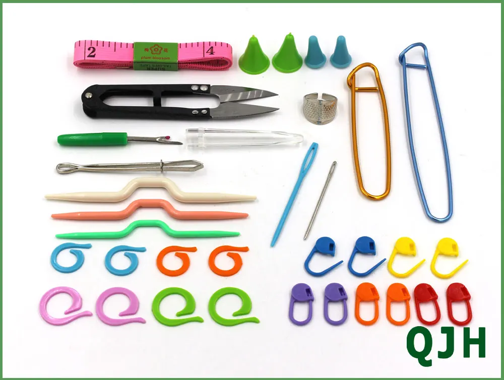 QJH 35 шт. набор инструментов для вязания пряжи, для дома, для рукоделия, аксессуары для плетения, игла, линейка, ножницы, пряжка и т. Д., чехол