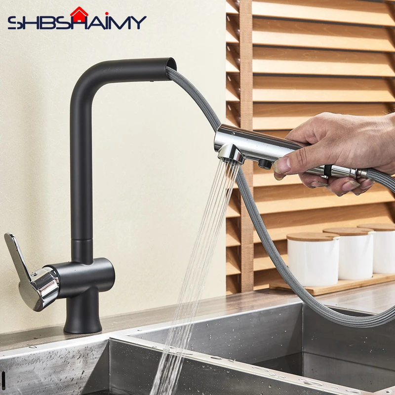 

Black Chrome Deck Mounted Pull Down Dual Mode Water Spout Kitchen Sink Faucet Kitchen Mixer Tap Hot and Cold Water Mixer
