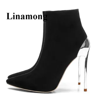 

Black Flock Pointed Toe And Thin High Heel Side Zipper Genunie Leather Metal Heel Fashion Simple Winter Women Ankle Boots