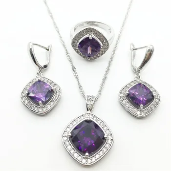 

Purple 925 Sterling Silver Jewelry Sets AAA Zircon Necklace Pendant Drop Earrings Rings For Women Free shipping