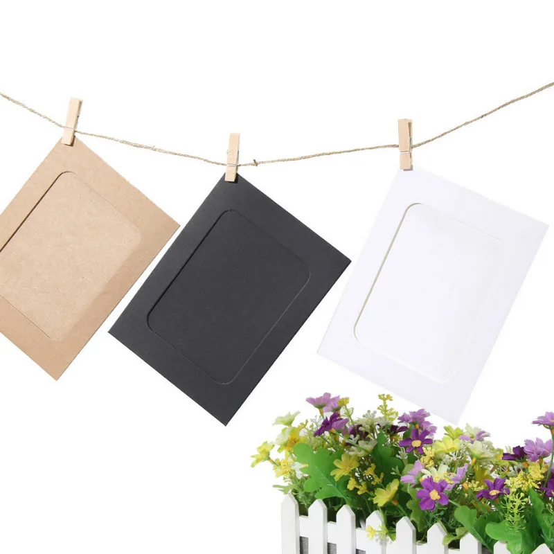 10Pcs DIY Kraft Paper Photo Frame 3/5/6 inch Hanging Wall Photos Picture Frame Kraft Paper With Clips and Rope For Family Memory