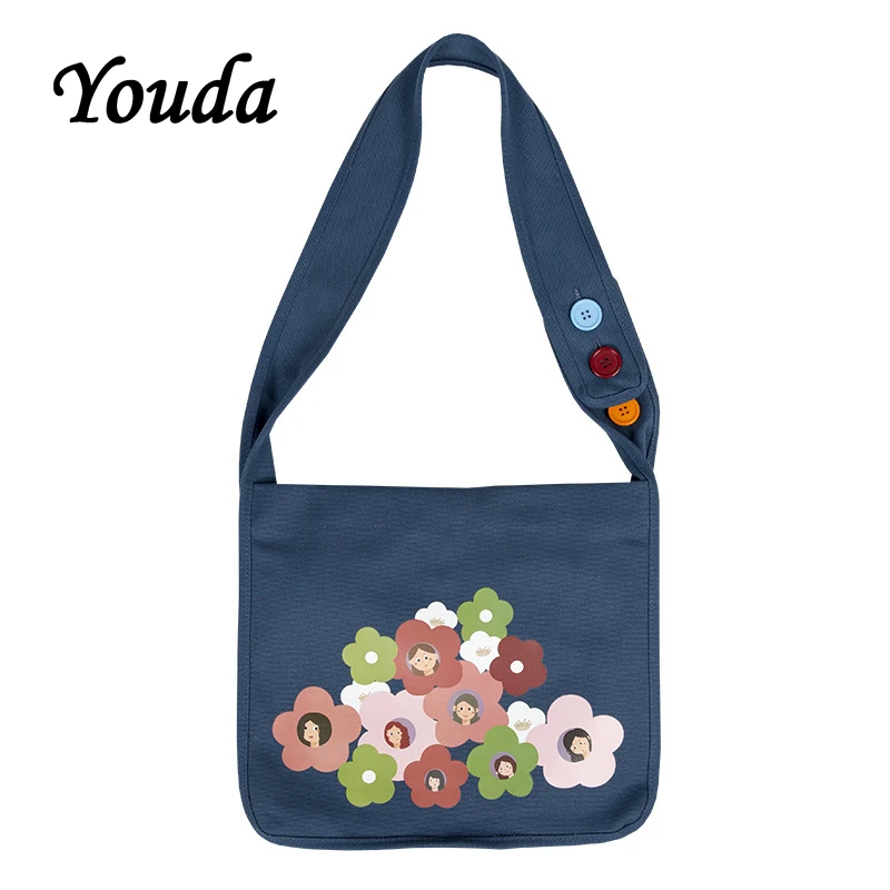 

Youda Flower Print Student Canvas Shoulder Bag Simple Casual Ladies Messenger Bags Cute Girl Shopping Tote Solid Color Handbag
