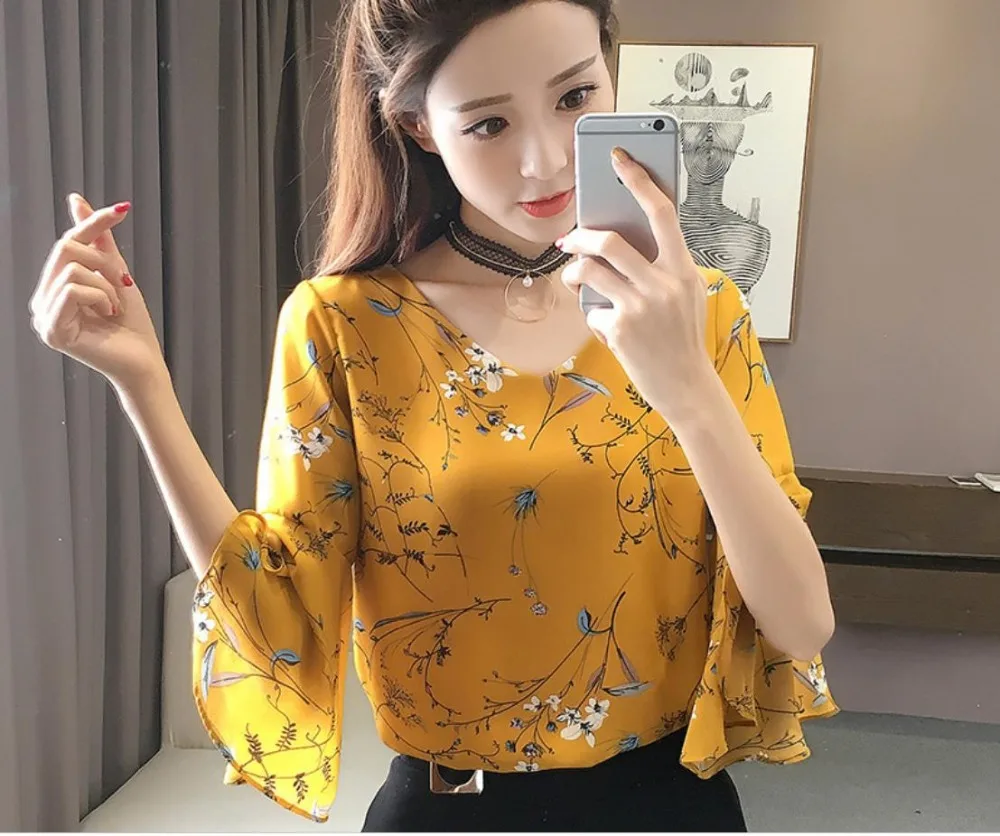 2019 الصيف بلوزة قميص الأزهار الشيفون قميص البرية البوق كم أعلى النساء فضفاضة رقيقة كم الشيفون قميص 201914