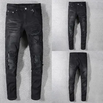 

2019 New Fashion Designer Jeans Men Straight Black Color Men Jeans Ripped Jeans,Hole Zipper Fly Casual Men Pants
