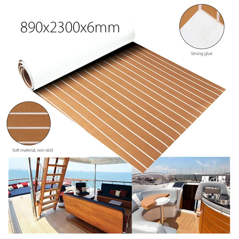KIWARM 0.6cm EVA Foam Teak S heet Self Adhesive Boat Yacht 89x230cm Synthetic Decking Foam Floor Mat Brown With White Line