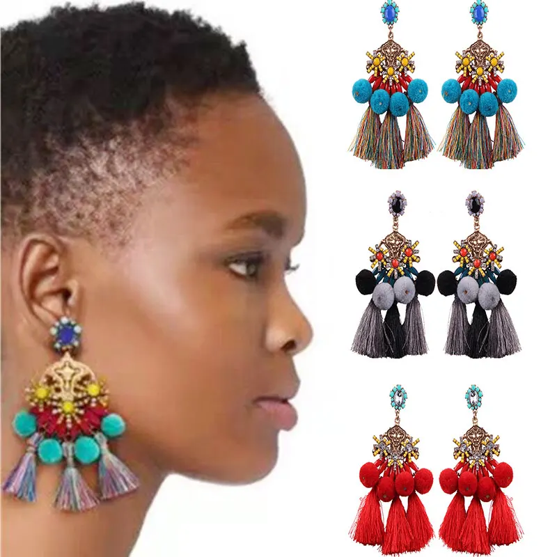 

Brincos Grandes Ethnic 2018 Crystal Long Cotton Pom Pom Ball Tassel Earrings for Women Statement Bohemia Earring Party Jewelry