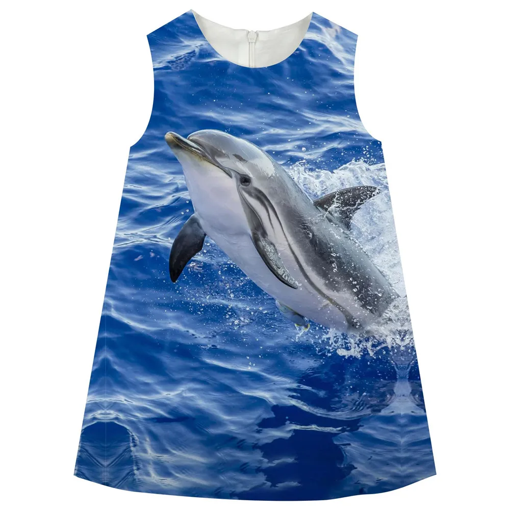 

Girls Dress dolphins Print Girl Clothes O-Neck Toddler kids Dress 2-10Y