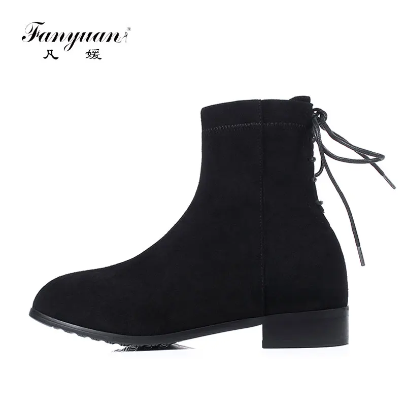 

Fanyuan Comfort Cross-tied Black Flat Work boots Winter warm Rear tie Ankle Boots Elastic fleece Fashion boots Women shoes