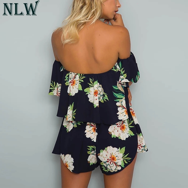NLW Белый Boho комбинезон с принтом открытыми плечами и рюшами Летний шифоновый боди