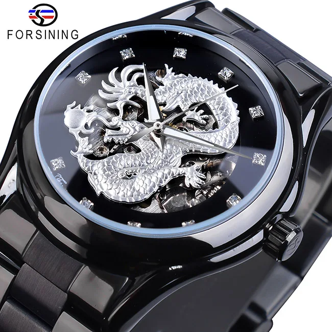 GMT1110-9 Forsining серебряный дракон Скелет автоматические механические часы Кристалл нержавеющая сталь Ремешок наручные часы мужские часы водонепроницаемые - Цвет: GMT1110-9