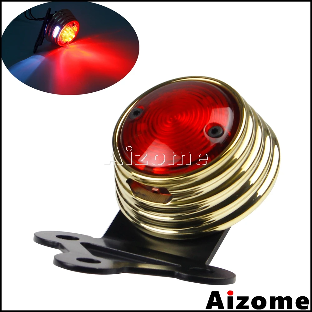 Motorcycle Brass LED Tail Light License Plate Stop Rear Lamp Brat Style