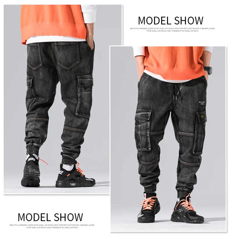 2018 осень зима Модные для мужчин джинсы для женщин High Street в стиле панк Jogger брюки девочек большой карман лодыжки бинтами штаны-карго хип хоп