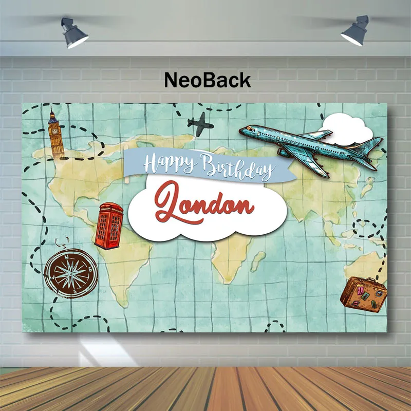 

NeoBack Blue World Map Birthday Photo Background Airplane London Adventure Tour Background For Photo Clock Tower Backdrop