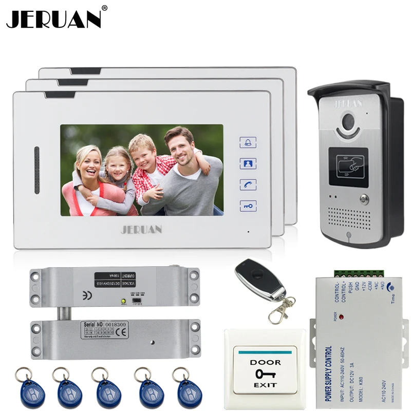 

JERUAN new 7`` color monitor video door phone intercom system +three monitor + 700TVL IR Night Vision Camera+Electric Bolt lock
