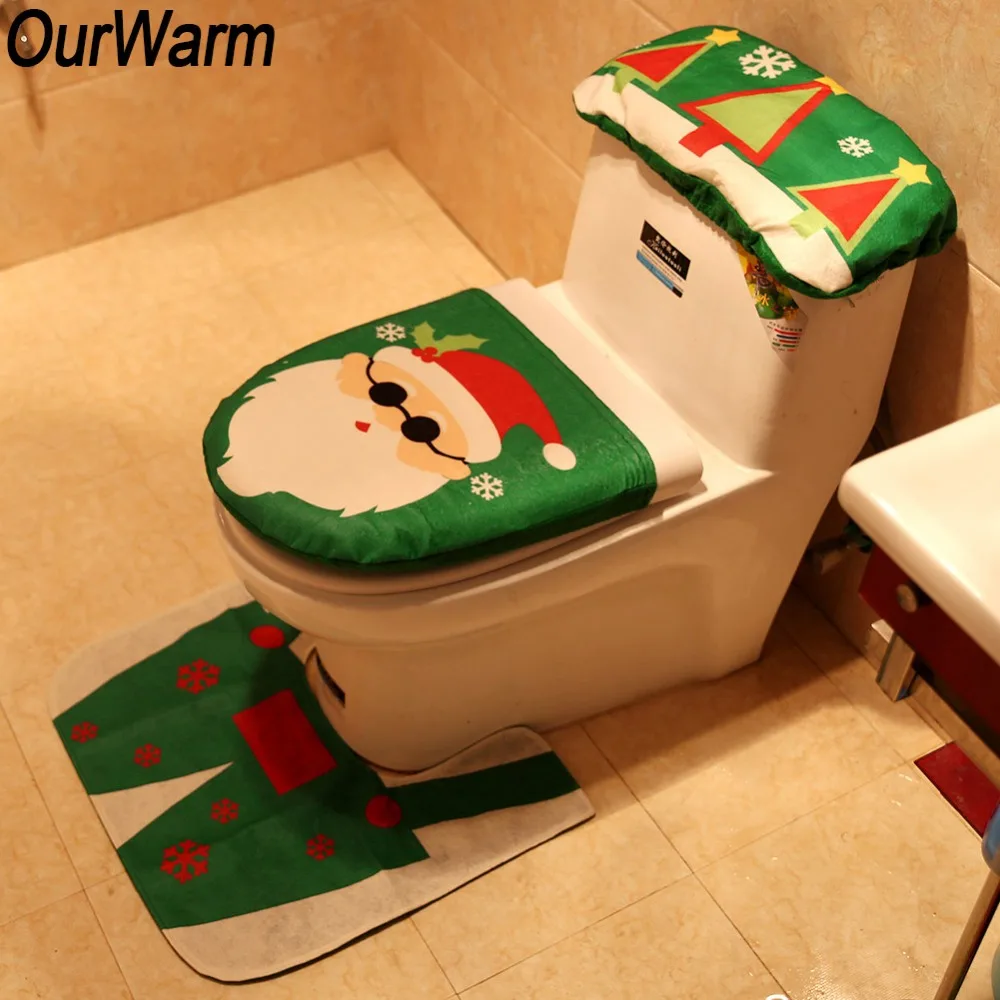 OurWarm Christmas Decoration For Home Bathroom Santa Claus Toilet Seat Cover and Rug Happy New Year Navidad Christmas Ornaments