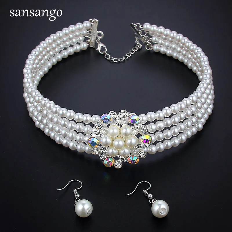 

Fashion Imitation Pearl Jewelry Sets Women Wedding Adjustable Hexagon Flower Choker Necklace Earrings Bridal Bijoux Mother Gift