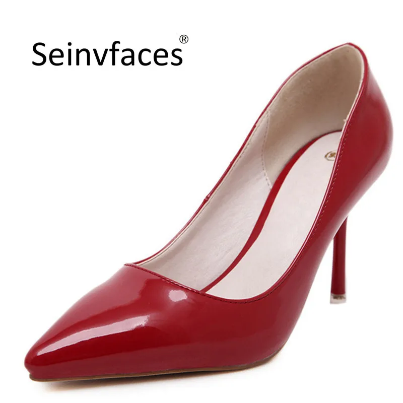 

Plus size 40 41 42 43 44 women's office lady career patent leather basic slip-on red black pointed toe thin high heels pumps F25