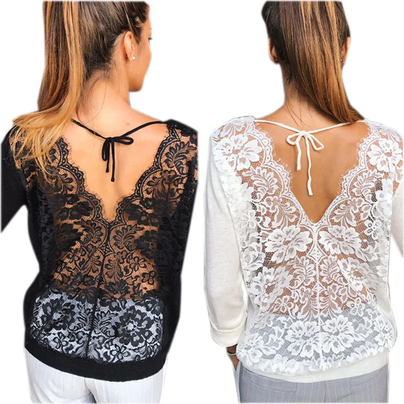 Sexy Women's Long Sleeve Loose Lace Back Blouse Casual Shirt Summer Tops  Strap Shirt Fall Fashion Clothing - Blouses u0026 Shirts - AliExpress