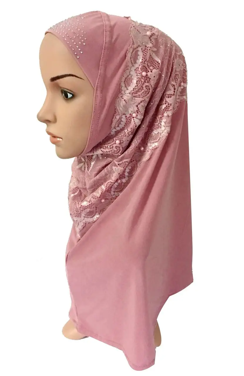 Женский мусульманский хиджаб с цветочным узором, кружевной длинный шарф, исламский Амира, головной убор, шали, головной убор, цельный трикотажный Рамадан - Цвет: Розовый