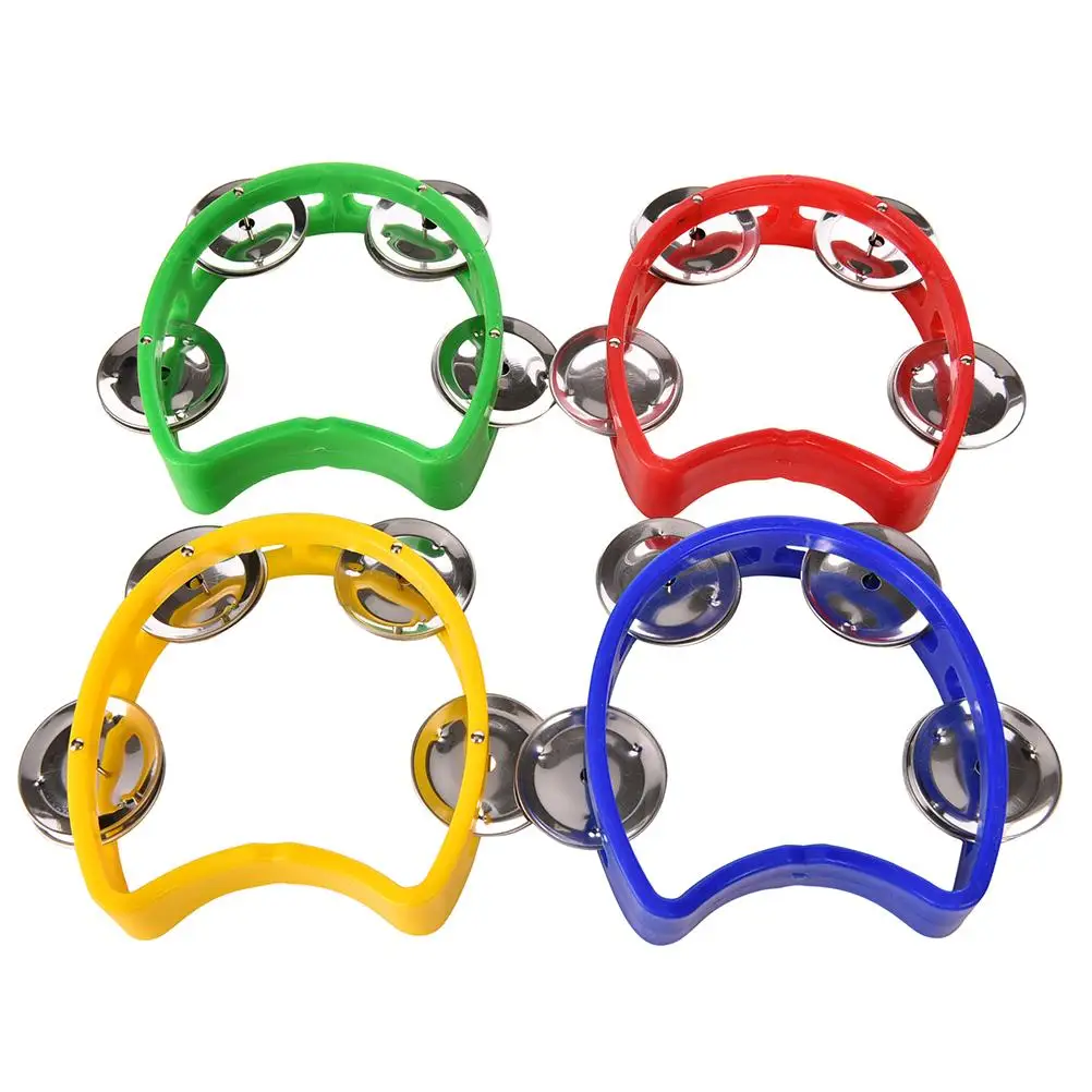 

Dia 10cm 1Pc Tambourine Hand Held With Double Row Metal Jingles Percussion Church Band Color Random