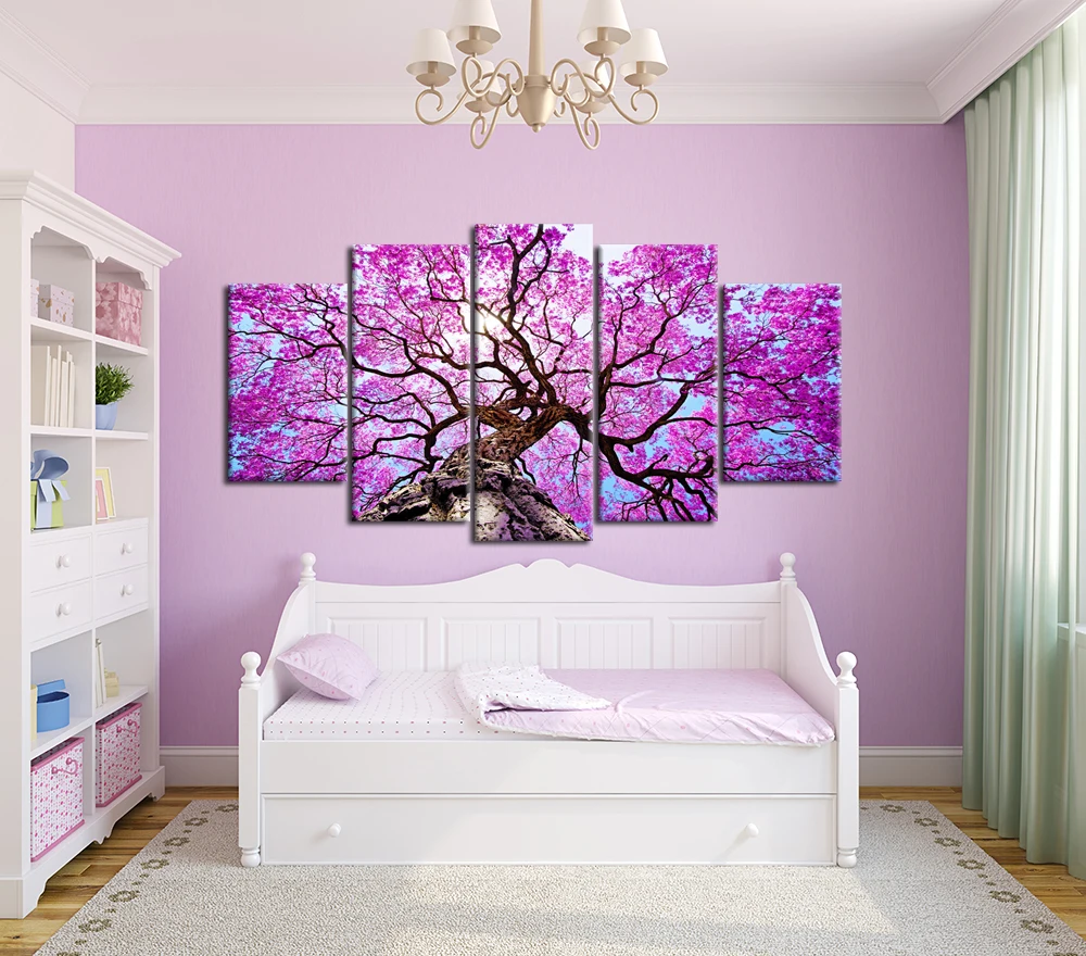

5 Panels/set HD Big Tree Nature Landscape Canvas Painting Blooming Flower Wall Picture for Living Room/SJM2081