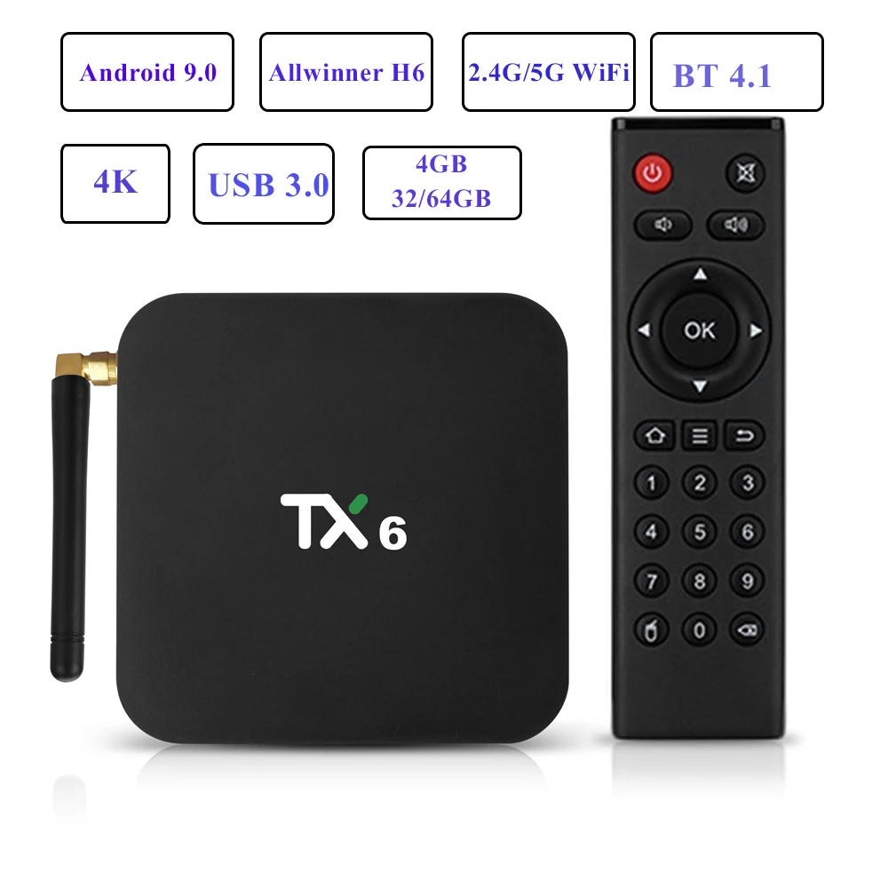 

TX6 Android 9.0 TV Box Allwinner H6 Smart 4K Set Top Box 4GB 64GB 2.4G/5G WiFi USB3.0 BT4.1 HD Smart TV Box Android