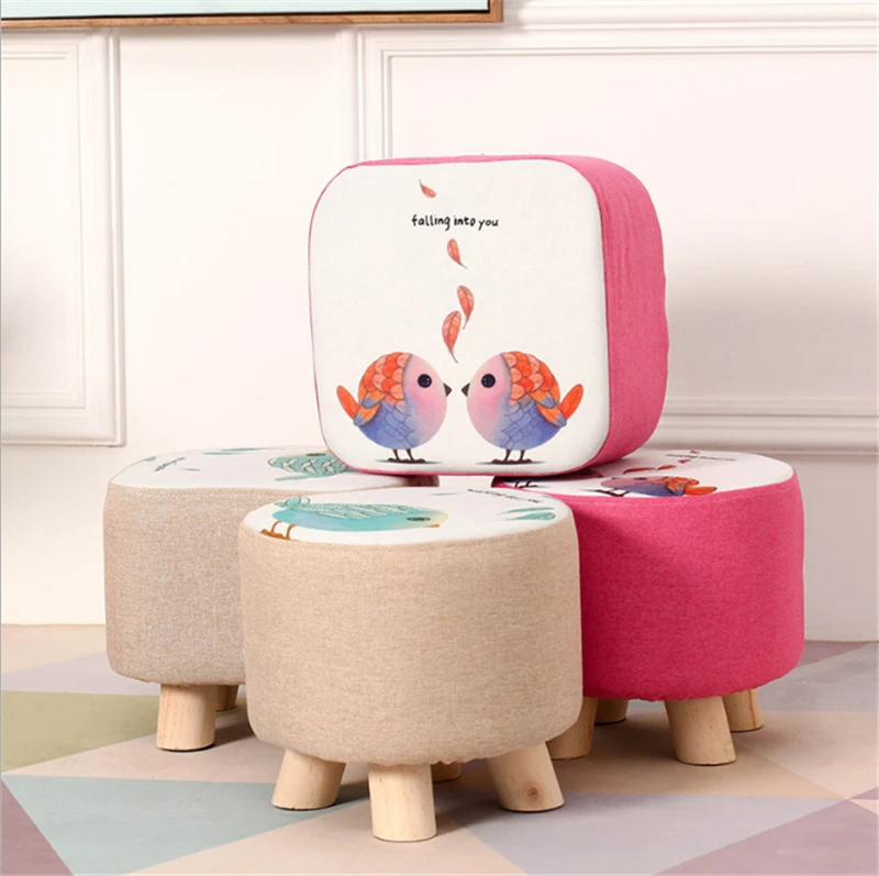 

2pcs Fashion cartoon 4 Legs Upholstered Footstool Nordic Round Pouffe Stool Wooden Leg Pattern Fabric for home