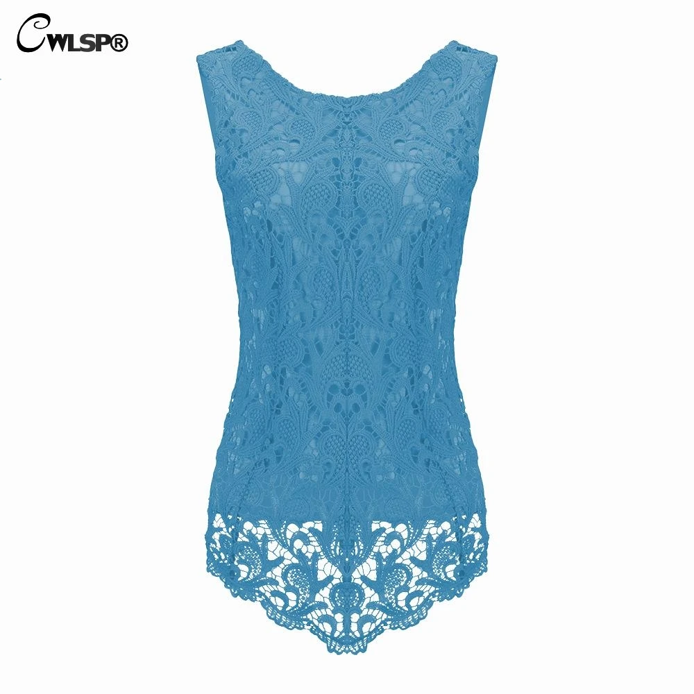 

CWLSP 2018 Spring Summer Women Plus Size Chiffon Blouse Shirts Fashion Lace Crochet Sleeveless Tank Tops Women Camis blusas
