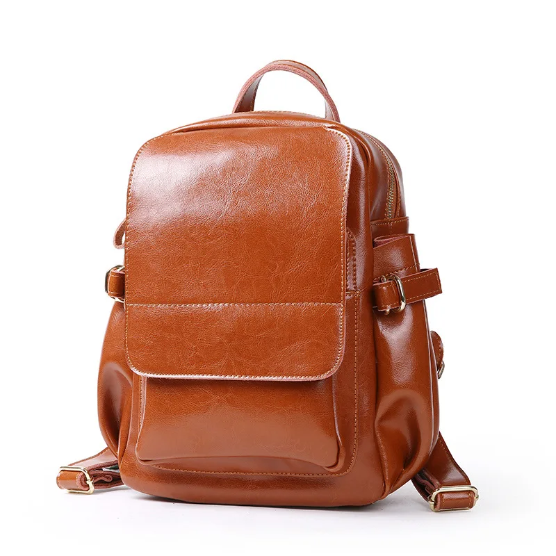 Fast Shipping Vintage Classic Fashion Oil Wax Cowhide Real leather Women&#39;s Backpacks Female ...