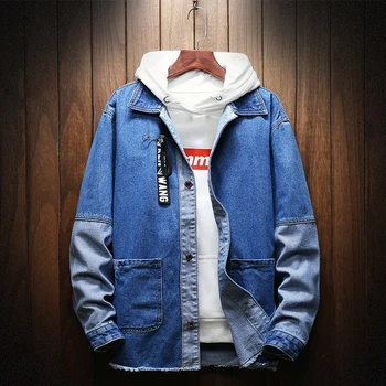 

Fashion Men Denim Jacket Turn-Down Collar Patchwork Men Jeans Jackets Back Printing Webbing Men Denim Jacket