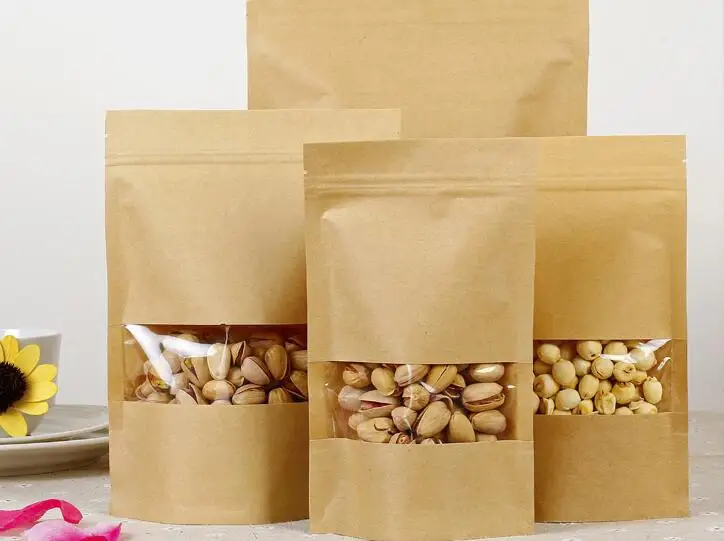 

100pcs Stand up zip lock kraft paper bag with clear window food grade kraft paper pouch for candy/tea/food/Cookies pack