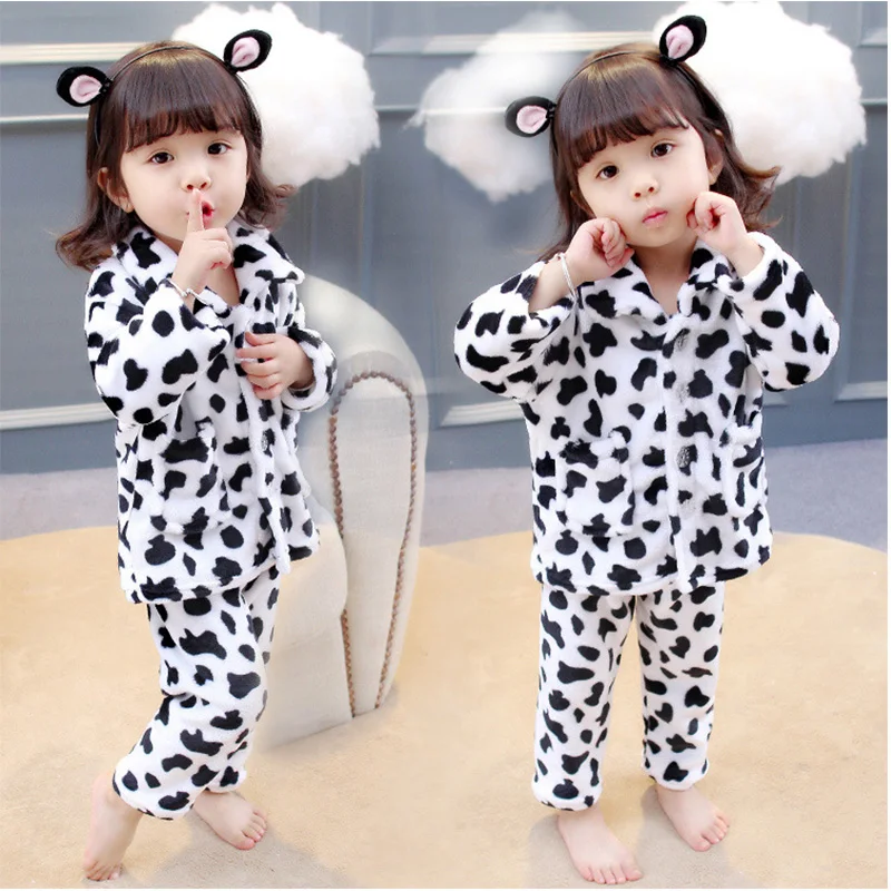 Winter Warm Girls Baby Pajamas Sleepwear Cartoon Flannel Pajamas Set