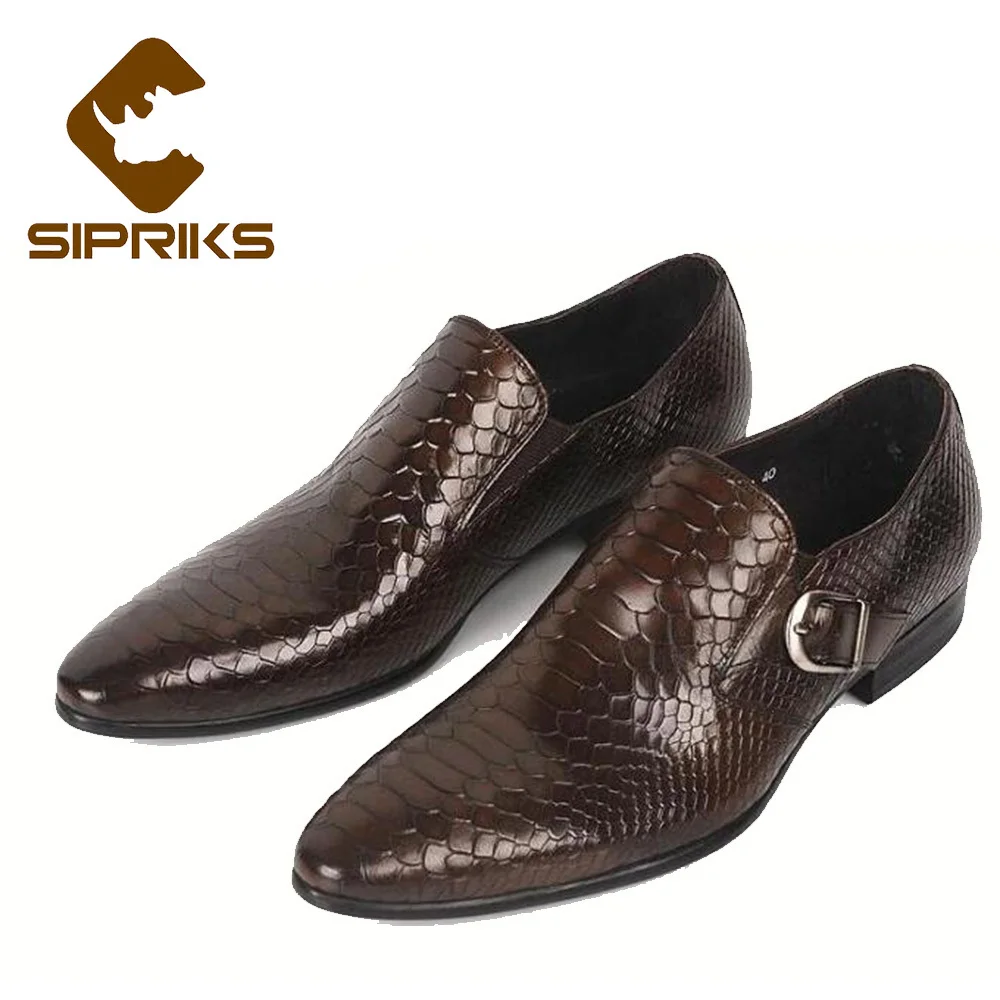 

SIPRIKS men slip on dress shoes with single monk strap tan leather social shoes black python shoes for men business office flats