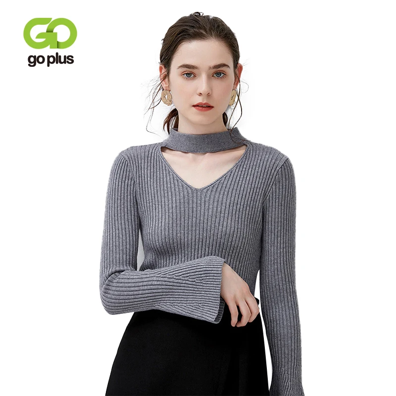 GOPLUS 2019 Fashion Winter Knitted Sweater Women Solid Sexy Halter Neck Flare Sleeve Sweater Female Pullover Casual Sweater Top