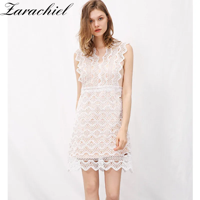 

Brand Clothing 2019 Summer Elegant V Neck Sleeveless Tank vestidos Bodycon Beach Party Casual Runway Lace Sexy Mini Dress White