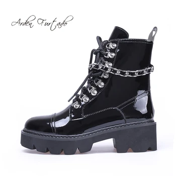 

Fashion black leather women's shoes winter 2019 cross tied lacing up concise round toe boots chains matin boots chunky heels new