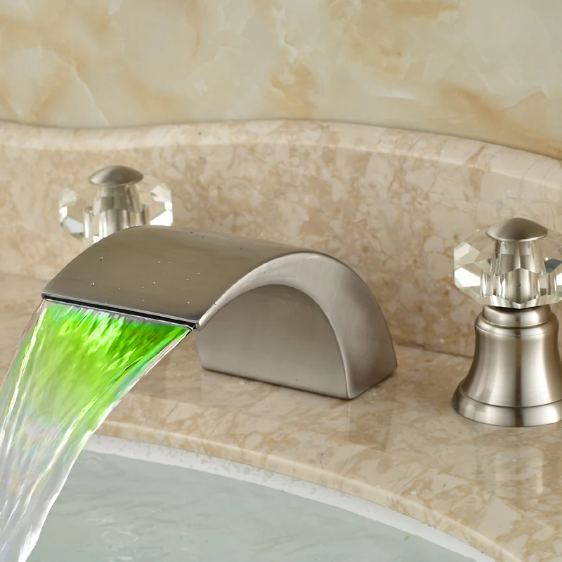 

Brushed Nickel Deck Mounted Bathroom Sink Faucet with Waterfall LED Changing Spout