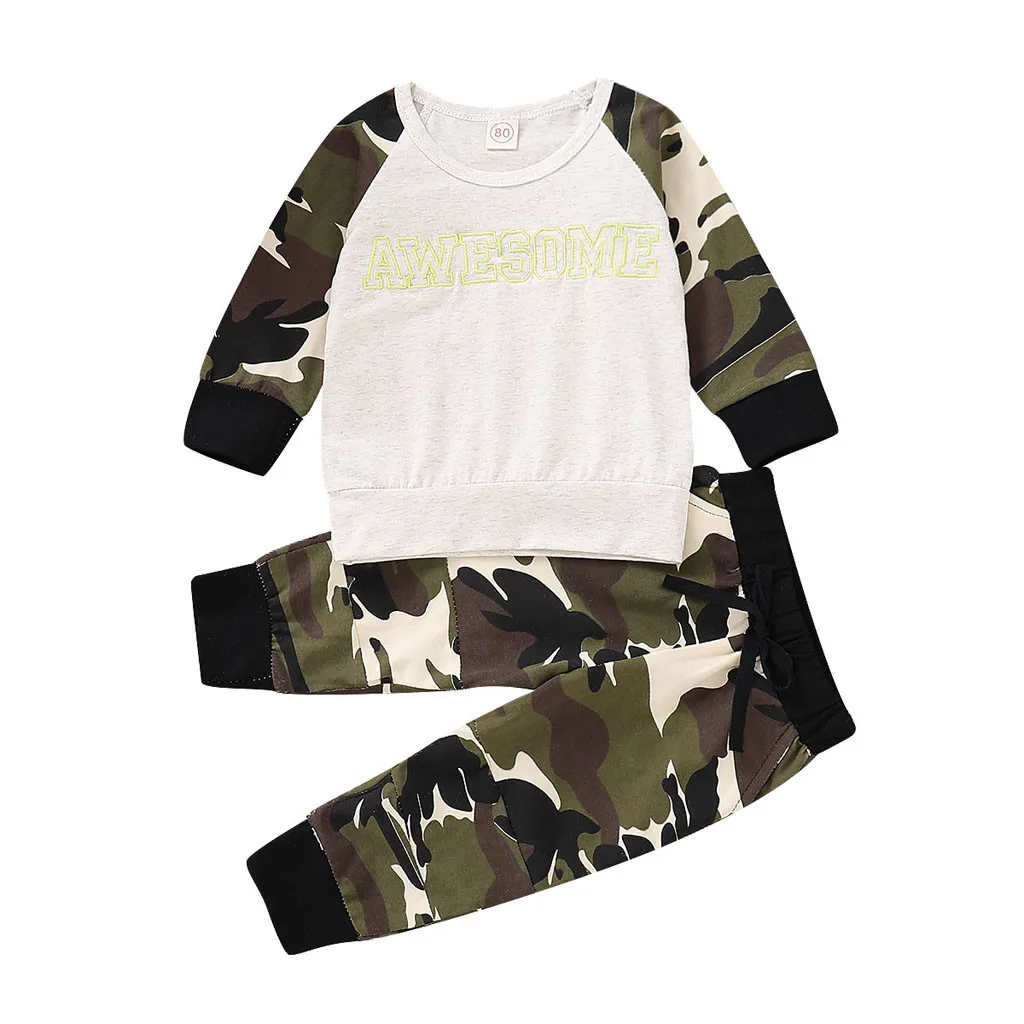 

Toddler Boy Clothes Newborn Infant Baby Boy Letter T shirt Tops+Camouflage Print Pants Set Clothes Children Suit Dropshipping