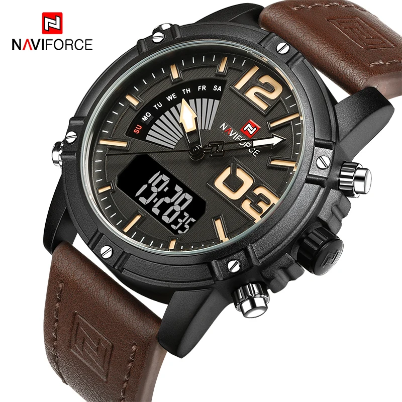 NAVIFORCE брендовые модные спортивные мужские часы с кожаным ремешком Цифровые