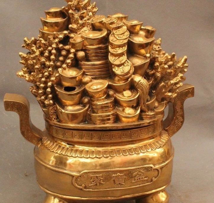 

12" Chinese Dynasty Brass Treasure Bowl Elephant Handle Incense Burner Censer