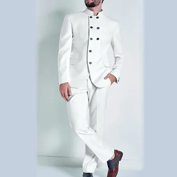 

White Groom men suit Tuxedo Coat Pant Designs Double Breasted Blazer 2018 India Style smoking Mens Wedding Suits (Jacket+Pants)