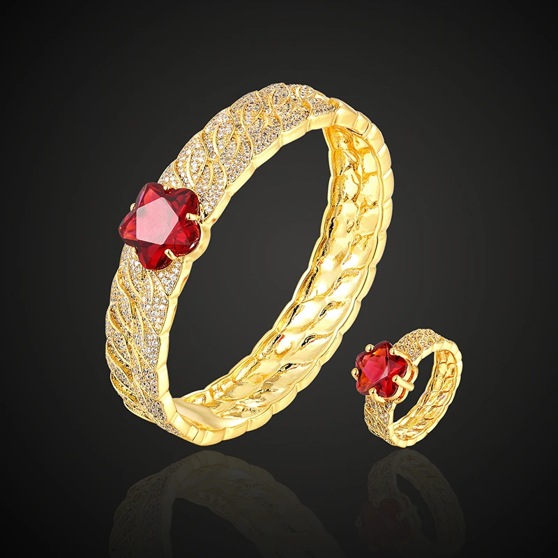 

Lanyika Jewelry Set Luxury Colorful Flower Full Zircon Gold Micro Plated Bangle with Ring for Daily Wedding Trendy Best Gifts