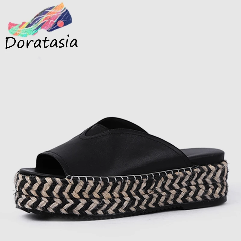 

DORATASIA 2019 Brand New Consice Flat Platform Slippers women's Summer Cow Leather Peep Toe Slippers Women Casual Shoes Woman