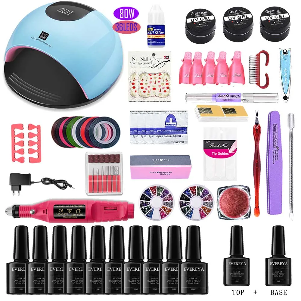 

Manicure Set With Lamp Gel Set 80/36W UV LED Lamp For Nail Art Set 10pc 10ml Gel Nail Polish Kit With Lamp Gel Nail Kit