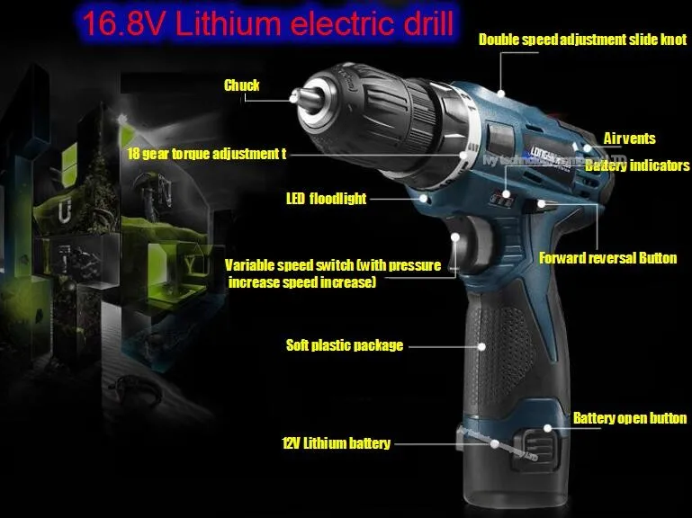 16,8 в аккумуляторная отвертка, перезаряжаемый электроинструмент, двойная скорость, водонепроницаемая электрическая дрель, электрический молоток