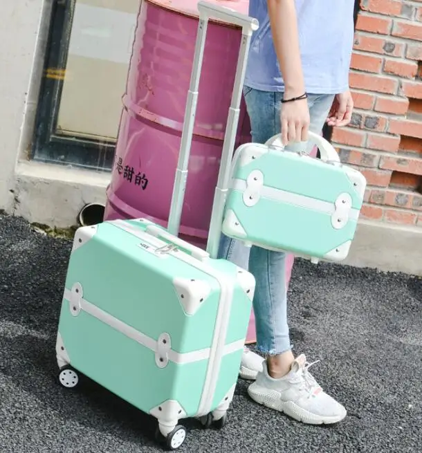 a set CHENGZHI 18" cute girl carry on trolley rolling luggage pink purple vintage travel suitcase for cabin - Цвет: a set