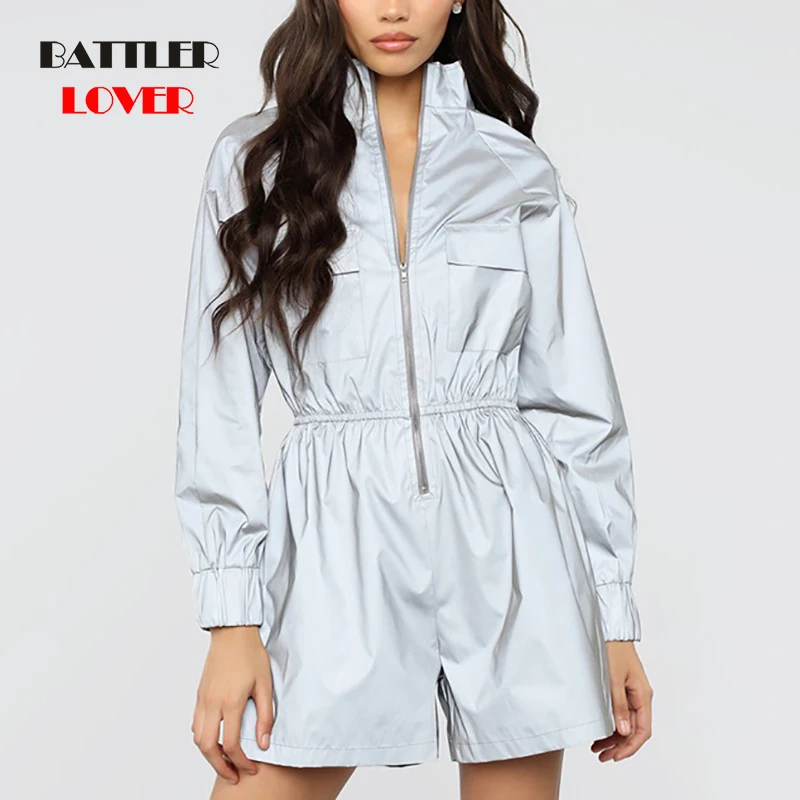 Night Light Reflective Clothes cotton women playsuit female summer pockets zipper rompers short jumpsuit Office ladies overalls