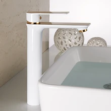 Bathroom Sink Faucet Chrome White Baked Water Tap Solid Brass Single Handle Basin Faucet Mixer Hot and Cold Deck Mounted solid brass bathroom sink faucet single handle waterfall spout basin mixer tap hot and cold water faucet deck mounted