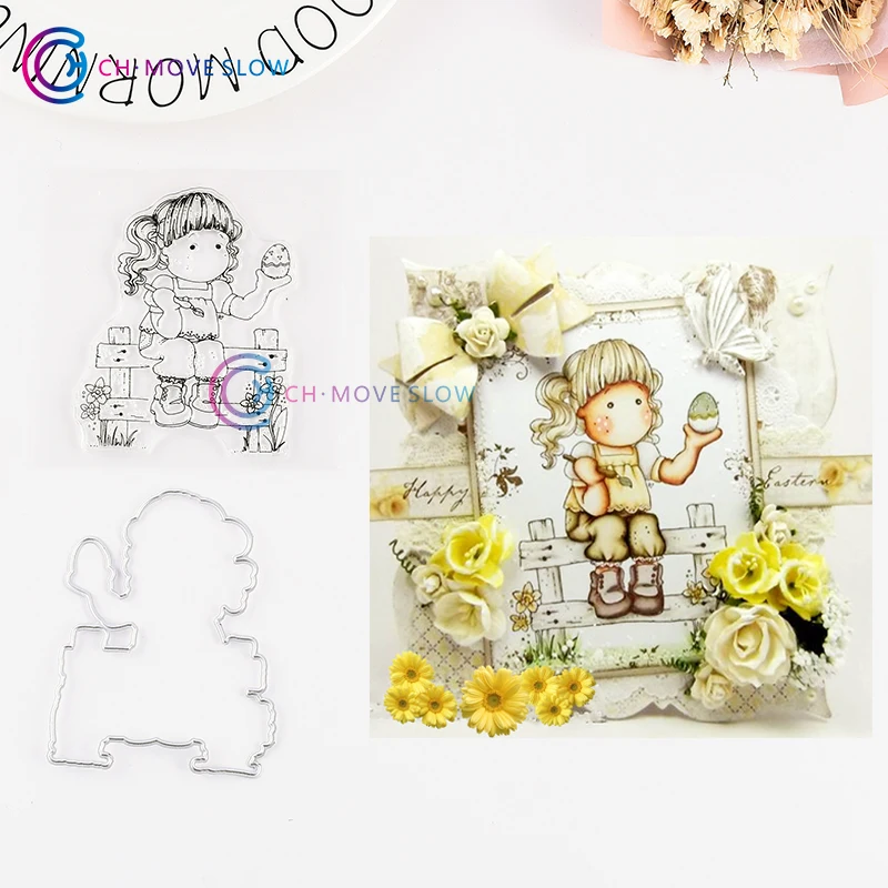

CH Girl with Egg Metal Cutting Dies and stamps DIY Scrapbooking Card Stencil Paper Craft Handmade Album Craft Dies