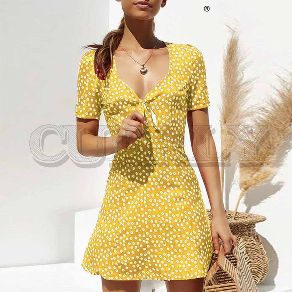 

CUERLY Casual Bohemain floral print short dress women Summer v neck lace up mini dresses Elegant holiday beach vestidos 2019
